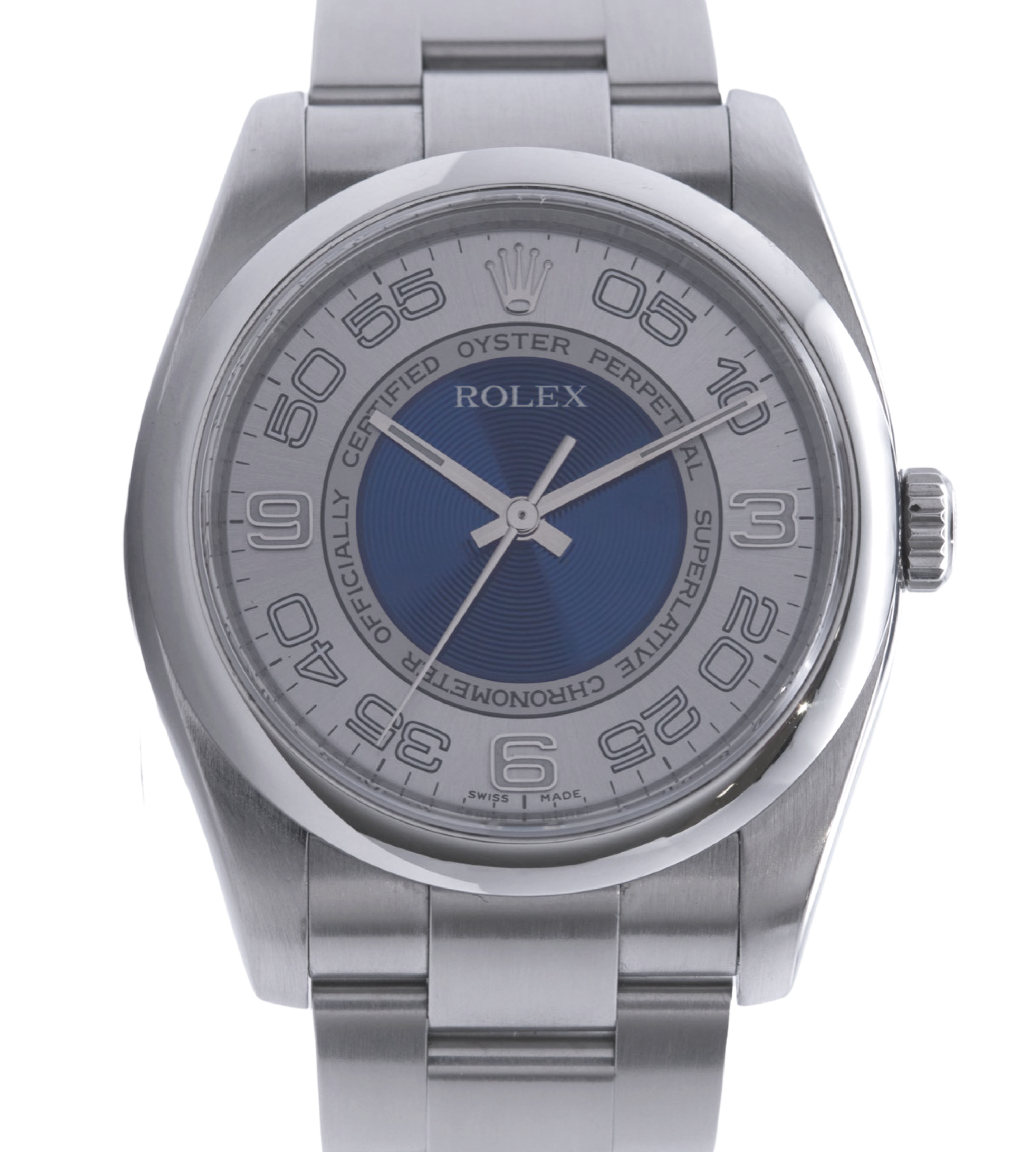 Rolex Oyster Perpetual 36 Blue Silver Bullseye Dial. Ref 116000 Papers 2013