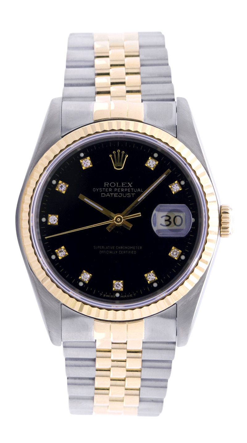 Rolex Datejust 36, Steel & Gold, Black Diamond Dial. Ref: 16233